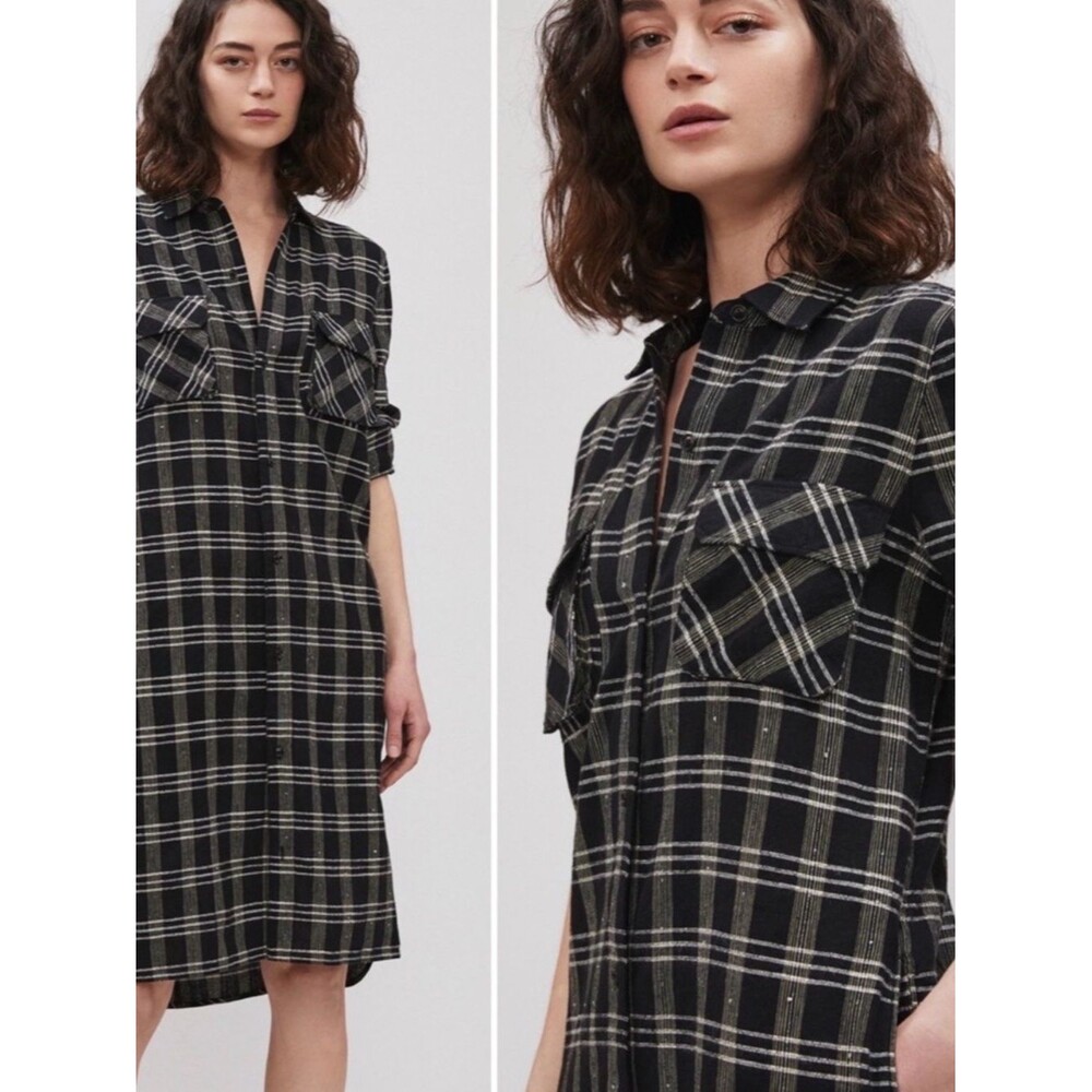 NWT Billy Reid Fisherman Black Plaid Linen Blend Dress Size M